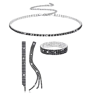 Sparkling silver choker necklace, long tassel earrings and wide bracelet jewelry set