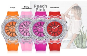 Close-up of colorful Geneva quartz watches with rhinestone bezels and silicone straps