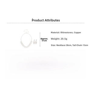 Detail specifications for diamond bow necklace and earring set in silver-tone finish