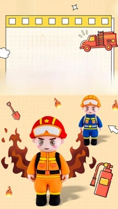 Close-up of cute cartoon firefighter charms in blue and orange uniforms with gear