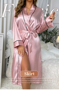 Pink ice silk bathrobe featuring black contrast piping and adjustable waist tie