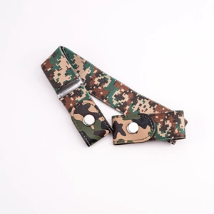 Detail of buckle-free elastic belt with digital camouflage pattern and silver metal snaps