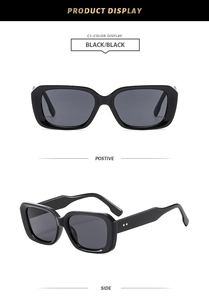 Detail view of retro square sunglasses in black showing both front and side profile shots