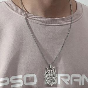 Men's hollow wolf head pendant necklace in silver stainless steel with box chain