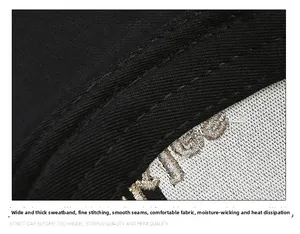 Macro shot of wide thickened sweatband and fine stitching on the black baseball cap