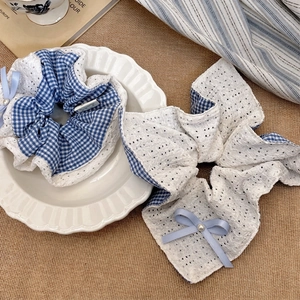 Blue plaid and lace ballerina style scrunchie with bow and pearl details in a set