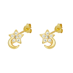 Elegant gold celestial stud earrings featuring zircon stars and polished moons