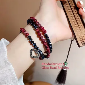 Three-layer rhodochrosite and glass bead bracelet with vintage heart pendant for women