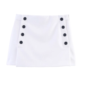 White high-waisted A-line mini skirt featuring contrasting black button decorations