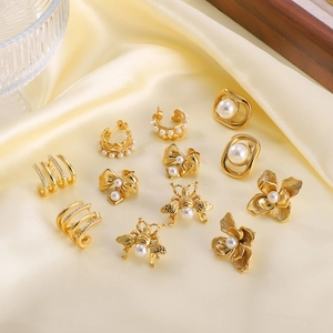 Collection of French vintage 18K gold plated earrings with pearls and bee charms