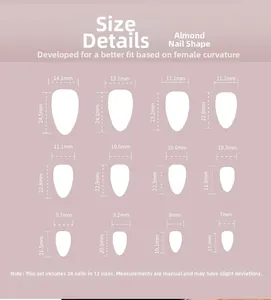 Size chart detail for short almond press-on nails showing 12 different width measurements