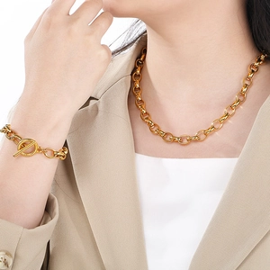 Chic 10mm gold pearl chain necklace and matching OT buckle bracelet set for men and women