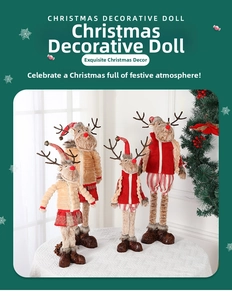 Detailed group view of Christmas reindeer dolls with long legs and knitted festive outfits