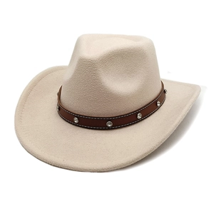 Detailed view of beige wool felt western hat with studded brown leather band