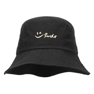 Quick-dry black bucket hat with Smile embroidery for summer sun protection fashion