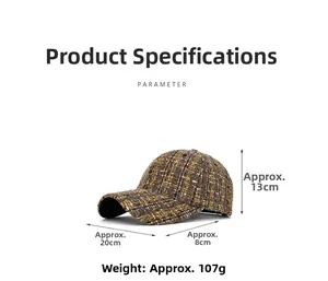 Detailed parameter diagram of a checkered tweed baseball cap with 8cm brim and 13cm height