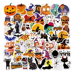 Variety of waterproof Halloween stickers with pumpkin, ghost, and cat patterns on white background