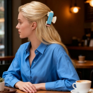 Detail view of a sky blue pencil-shaped hair claw clip worn in a stylish ponytail