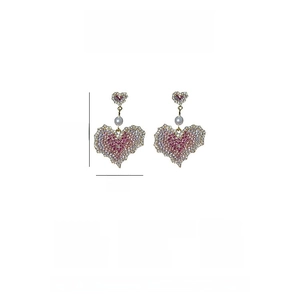 Detail showing pink rhinestone heart earrings with S925 silver needle, 4.8cm long