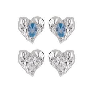 S925 sterling silver heart earrings with blue and clear pear-cut stones and textured finish