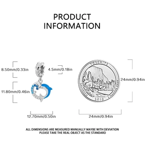 Detail of dolphin heart charm with size chart in mm and comparison to a US quarter coin