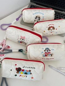 Large capacity quilted white pencil case with cute dog embroidery and wrist strap