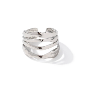 Minimalist silver multi-layer wavy open ring in stainless steel on white background