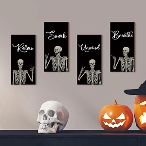 Panneaux Muraux Squelette Drôles Bois Gothique Halloween Décoration Relax Soak Unwind Breathe Pour Salle De Bain Chambre