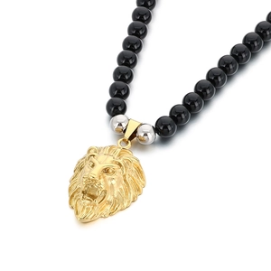 18K gold lion head pendant necklace with 8mm black onyx beads and silver accents