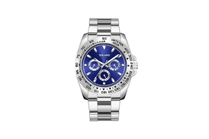 Macro detail of silver stainless steel watch with deep blue dial and three sub-dials