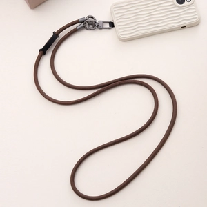 Brown braided PU leather phone lanyard with metal hardware and black connecting patch