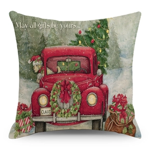 Housse de coussin Noël avec camion rouge vintage, chien festif et sapin de Noël