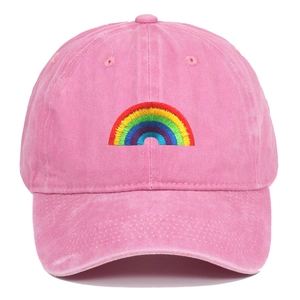 Pink washed cotton baseball cap with colorful rainbow embroidery for sun protection