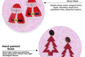 Detailed view of asymmetric Santa and red glitter Christmas tree earrings with steel posts