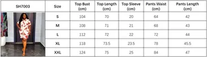 Detailed size chart for women's two-piece set including shirt and shorts dimensions