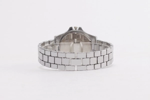 Detailed back view of silver stainless steel watch case with polished metal link strap