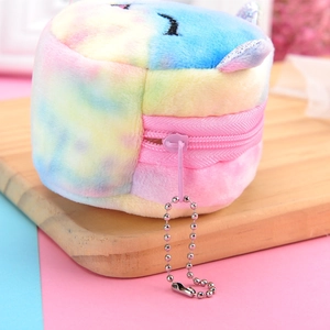 Mini colorful tie-dye plush unicorn coin purse with glitter ears and metal keychain hook
