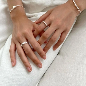 Minimalist 925 sterling silver heart open rings and bracelets set worn on hands