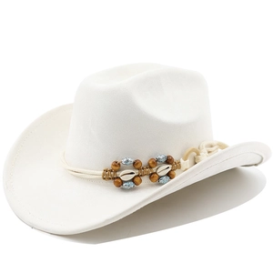 Detail of white cowboy hat featuring woven band with shell and wooden bead accents