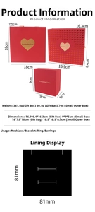 Detailed size parameters for red heart jewelry gift box with 16 roses and luxury bag