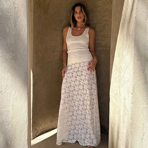 Detailed view of white floral lace maxi skirt with elegant high waist and sheer texture