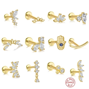 925 Sterling Silver Cartilage Earring Stud Marquise Zircon Flat Back Threaded Piercing Jewelry For Women
