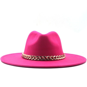 Women's rose pink wool fedora hat with a stylish gold chain band on white background