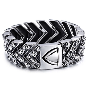 Mens Skull Head Bracelet 316L Stainless Steel Vintage Punk Gothic Chevron Link Heavy Biker Jewelry