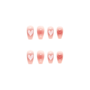 Pink gradient coffin press-on nails with white and red heart designs, set of 8 pieces