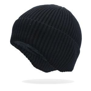 Classic black ribbed knit beanie with foldable cuff for winter outdoor warmth