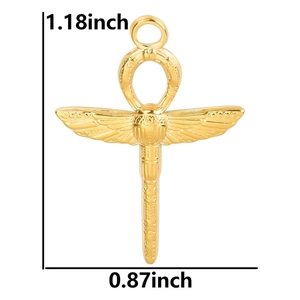 Detailed golden Egyptian Ankh and scarab wing pendant with size measurements in inches