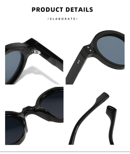 Detalle de bisagras de metal, remaches y almohadillas en gafas de sol redondas negras