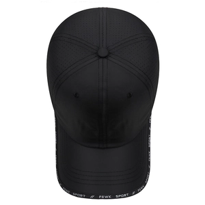 Top view of black quick-dry sport cap with laser-cut vents and FEWK SPORT lettering