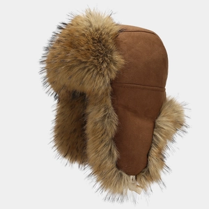 Winter faux suede bomber hat with thick plush earflaps for outdoor skiing warmth